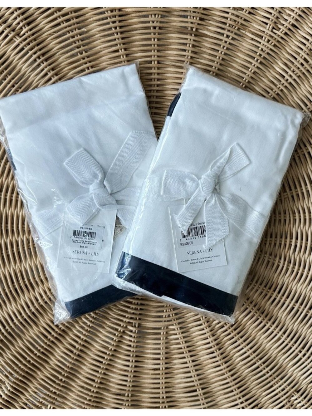 NEW Serena & Lily Border Frame Sateen Euro Pillow Shams (Set of 2)-Black Blue
